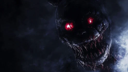 Decomposed animatronic skull with glowing red eyes in dense smoke
