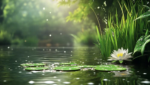 Calm pond scene with white water lily and reeds in light.