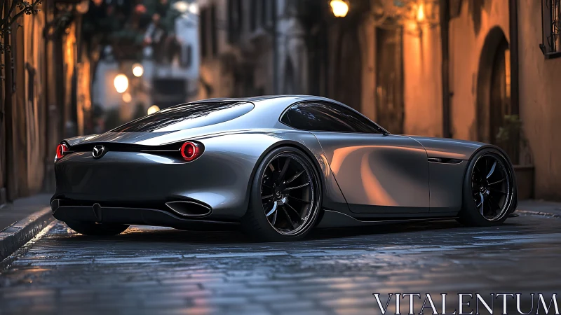 Sleek silver sports car glowing softly in a cozy city street.