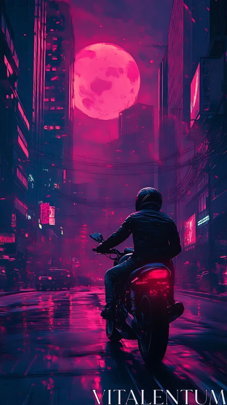 Lone biker rides under neon moon through futuristic city.
