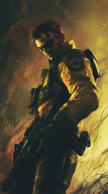 Armored tactical operative rendered in dramatic chiaroscuro lighting