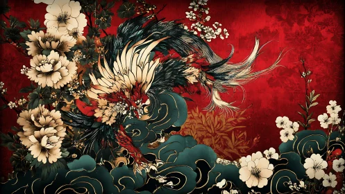 Mythic phoenix surges through peonies on crimson brocade