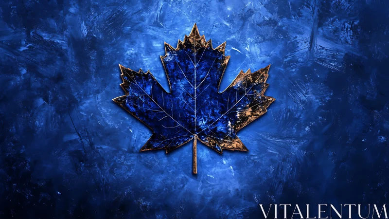 Blue metallic maple leaf over textured cobalt background.