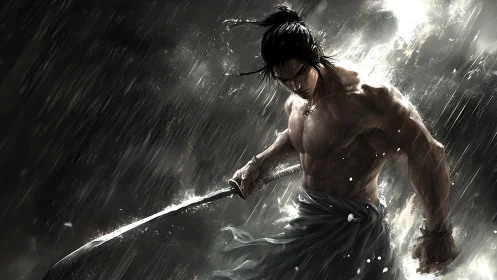 Storm-forged samurai warrior grips katana in driving rain