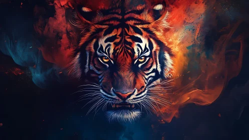 Tiger head rendered in vivid blue and orange digital flames