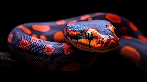 Coiled snake with red and blue patterned scales on black background.