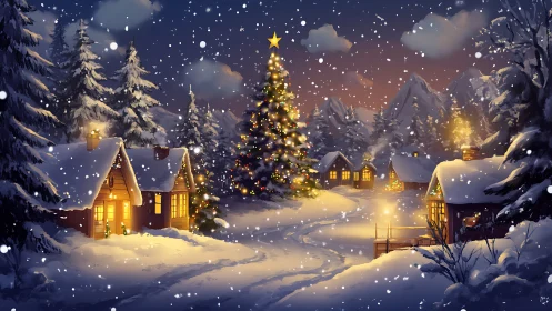 Illuminated alpine village under snowfall with decorated fir tree.