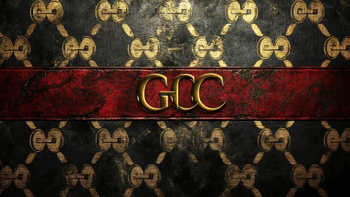 Gold GCC monogram on distressed red and black leather pattern.