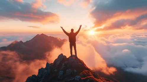 Silhouetted hiker celebrates sunrise above glowing cloud sea