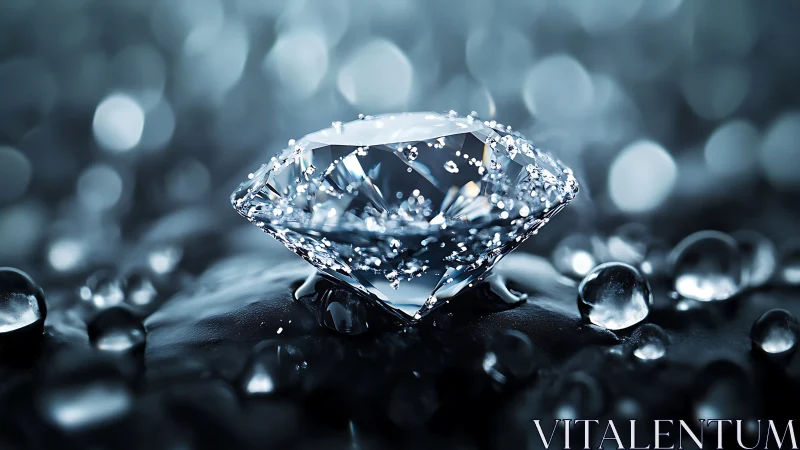 Brilliant cut diamond on wet surface with bokeh glow.