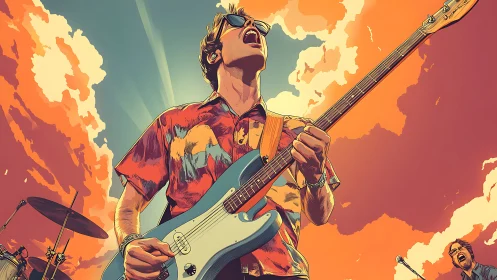 Guitarist performs outdoors under stylized orange sky