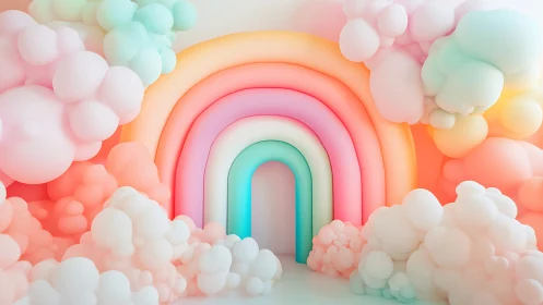 Soft pastel balloon rainbow tunnel with cloud clusters.