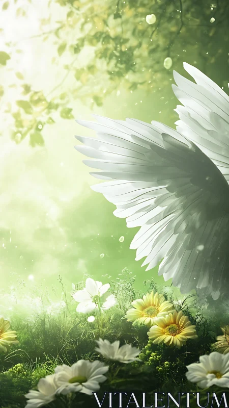 Angelic white wing arcs above sunlit daisies in verdant mist