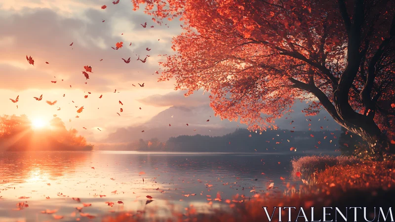 Crimson leaves waltz over a lake as sunrise quietly listens