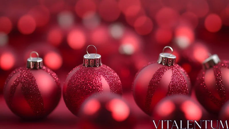 Photorealistic macro of red glittered Christmas ornaments.