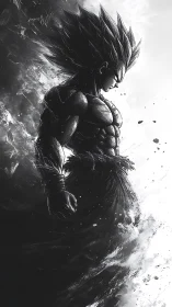 Monochrome anime warrior amid explosive energy surge.