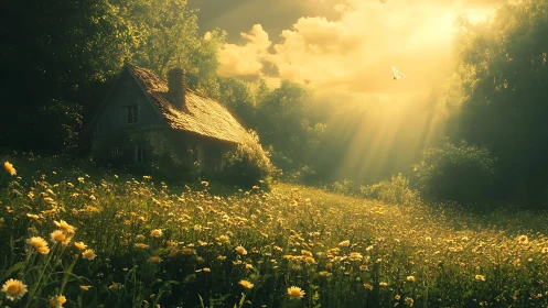 Golden hour meadow illuminates secluded storybook woodland cottage
