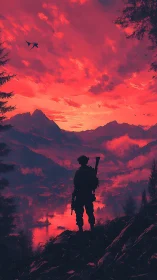 Silhouetted ranger surveying red-saturated alpine valley horizon.
