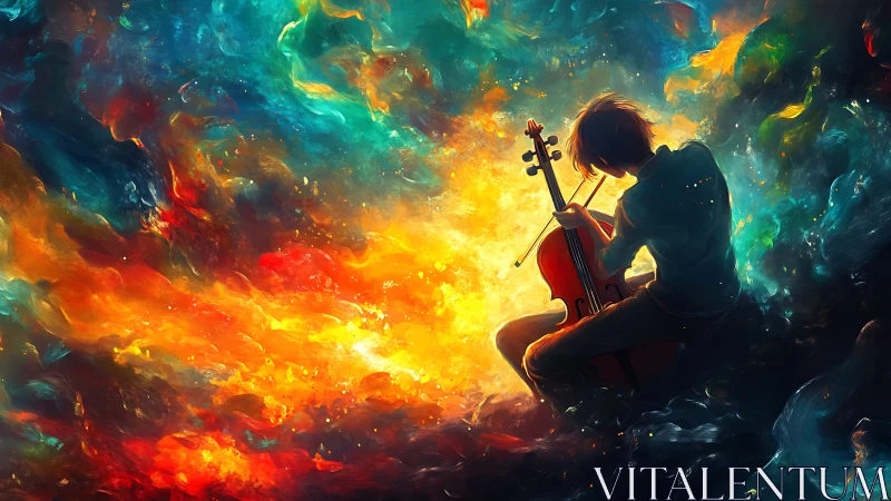 Celestial cello soloist immersed in chromatic nebulae.