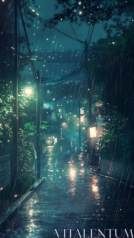 Rainy night alley with glowing streetlights and wet road.