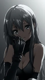 Soft shadowed gaze of a silver haired anime girl.