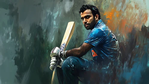 Cricket player portrait with bat in digital painting style.