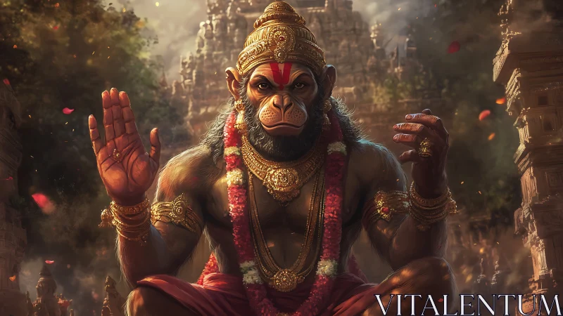 Anthropomorphic monkey deity in ornate temple environment.
