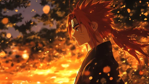 Anime shinobi profile in fiery bokeh sunset lighting field.