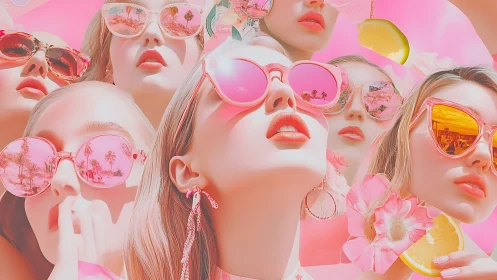 Multiple reflected portraits organize within saturated pink tones