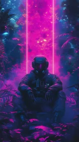 Cyberpunk sentry in neon jungle with vertical portal construct.