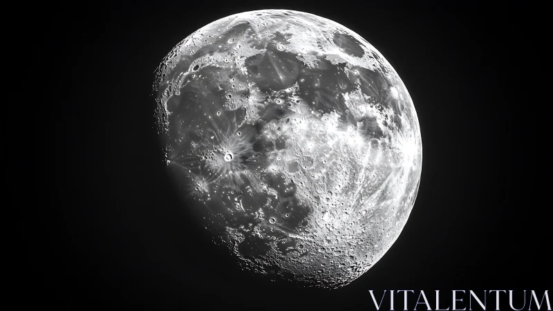 Detailed monochrome close-up of the Moon’s cratered surface.