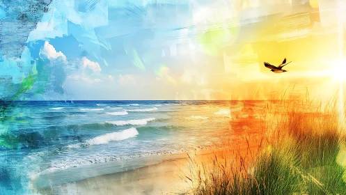 Sunlit shoreline blends vivid colors in a dreamy seascape