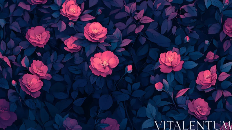 Luminous Blooms in Nocturnal Garden with Vibrant Pink Roses