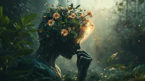 Bioluminescent forest effigy with floral cranium in volumetric haze
