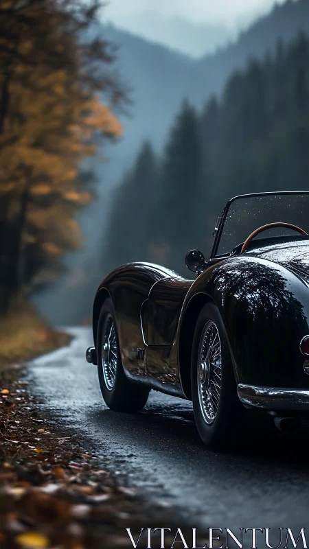 Rain-kissed classic roadster drifting through misty pines.