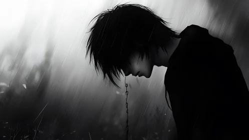 Silhouetted figure stands in rain with head bowed in profile