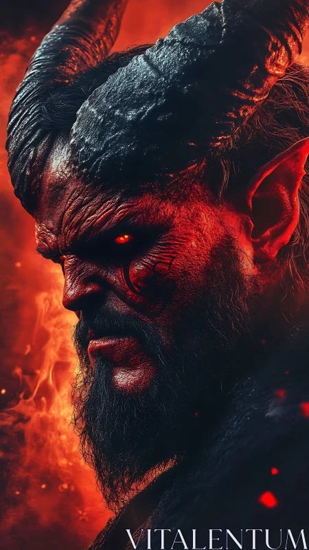 Infernal horned demon portrait in blazing red firestorm.
