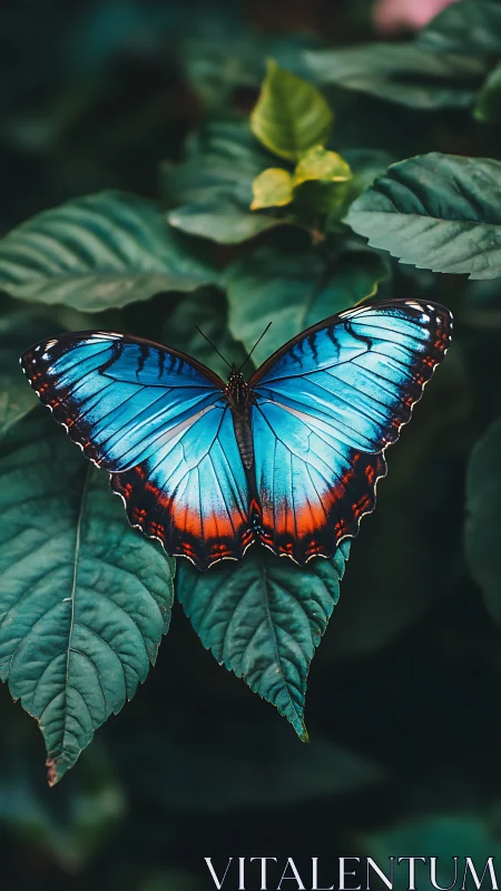 Blue butterfly rests on deep green leaves in soft focus