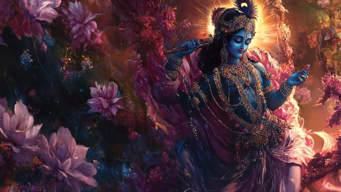 Divine blue figure plays a flute amid glowing cosmic blooms