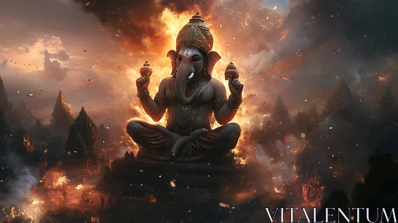 Colossal Ganesha idol amid fiery celestial temple storm.
