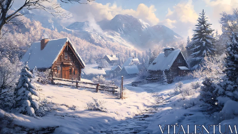 Snow covered mountain village with wooden winter cabins.