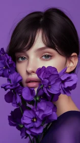 Portrait of young woman with vivid purple flowers.