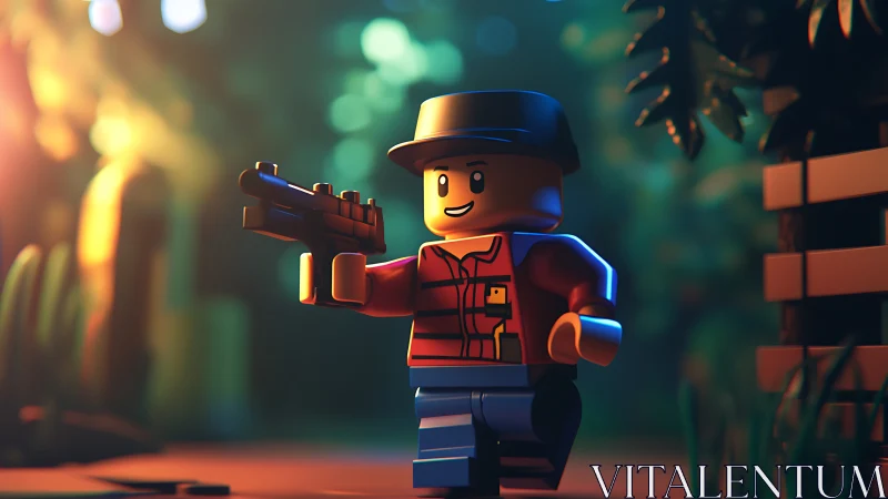 Lego minifigure holds toy rifle while walking through forest