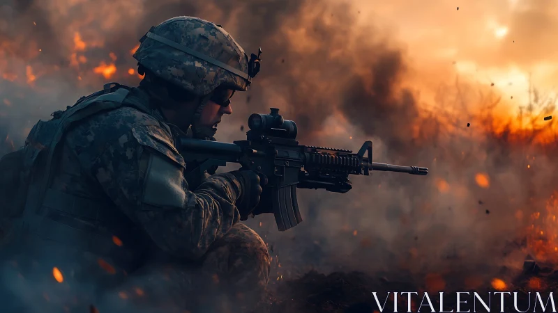 Calm soldier holds steady amid swirling smoke and fire.