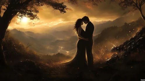 Silhouetted figures embracing against mountainous landscape at golden hour.