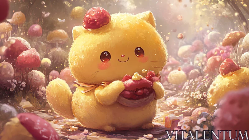 Luminous Anthropomorphic Feline Character in Macro Berry Garden Environment. 3D Rendered Digital.