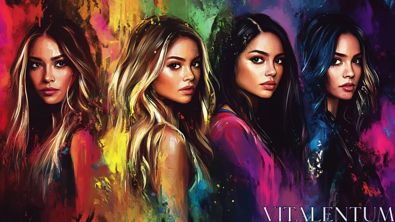 Chromatic female portraits layered in expressive neon pigments.