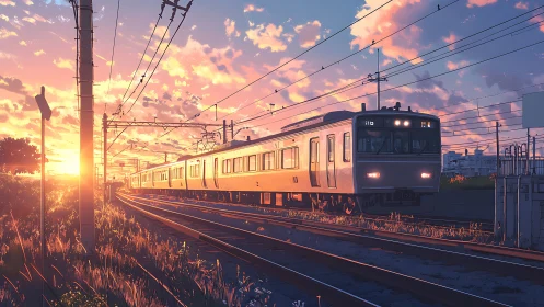 Sunlit electric commuter train on suburban tracks at dusk