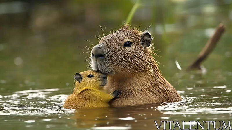 Gentle capybara parent cuddling baby in calm green water.