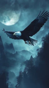 Moonlit eagle glides above misty blue mountain gorge.